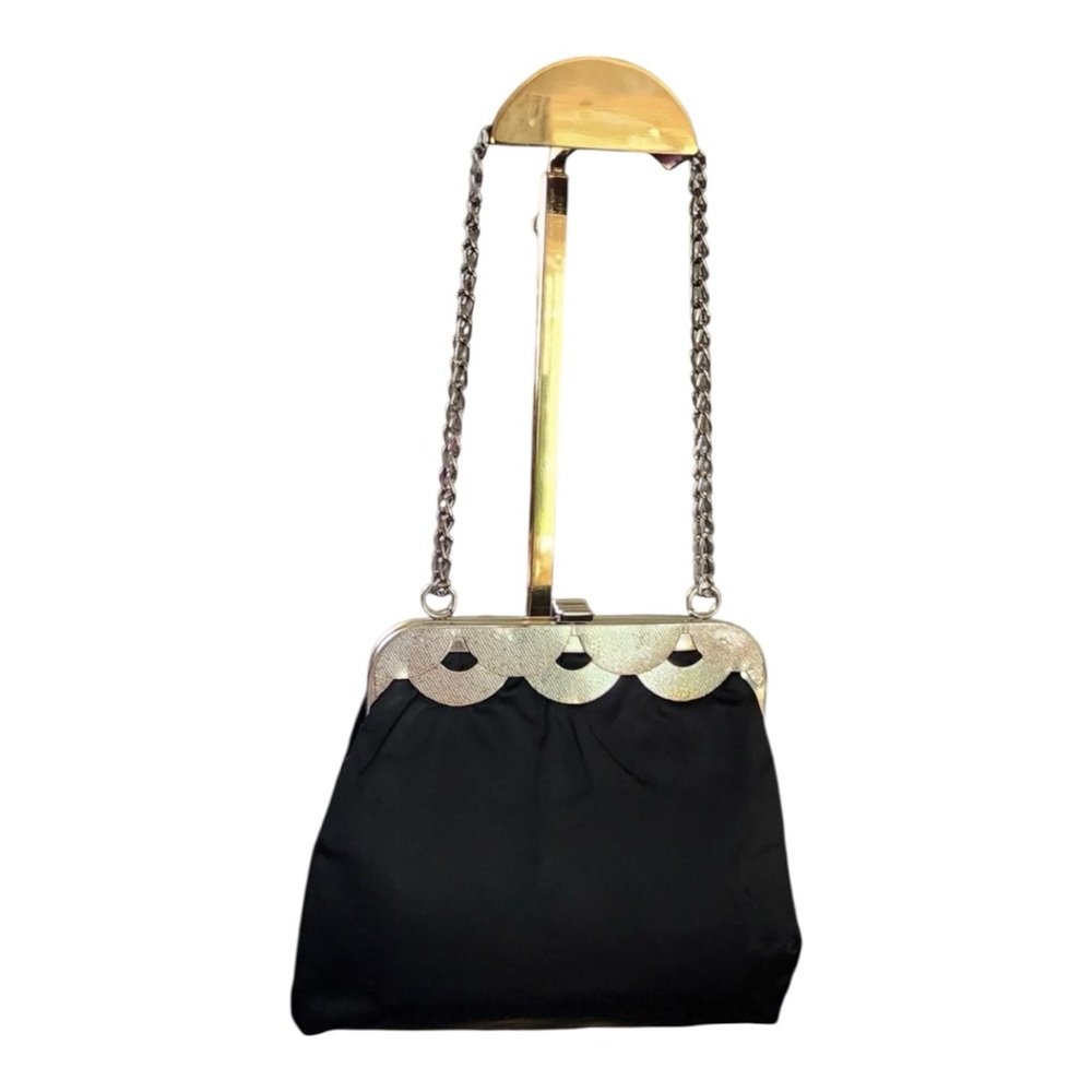 Harry Levine Handbag Black Satin Scallop Framed Satchel Chain Strap Purse